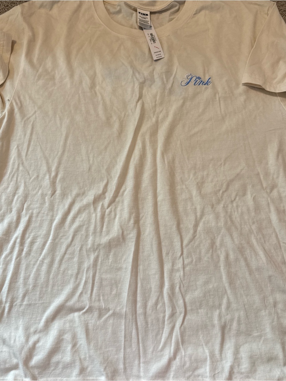 PINK Victoria's Secret Cream Short-Sleeve T-Shirt with Blue Logo